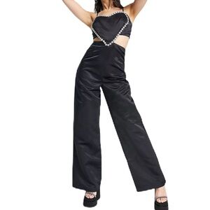 Embellished heart wide-leg jumpsuit in black